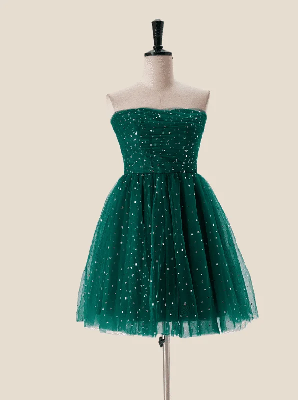 Starry Dark Green Convertible Short Party Dress Tunics Spring floral