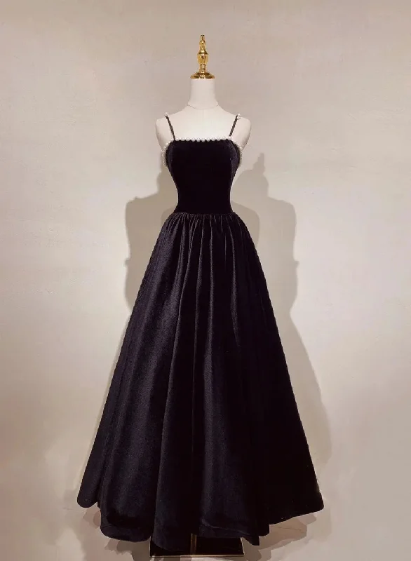 A-Line Black Velvet Floor-Length Prom Dress, Pearls Spaghetti Straps Long Party Dress Tunics Fleece cozy