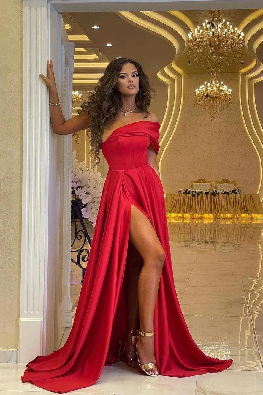 Sexy Off Shoulder Red Satin Evening Dress with Side Split Floor Length Party Dress,F04817 Tunics Vintage classic