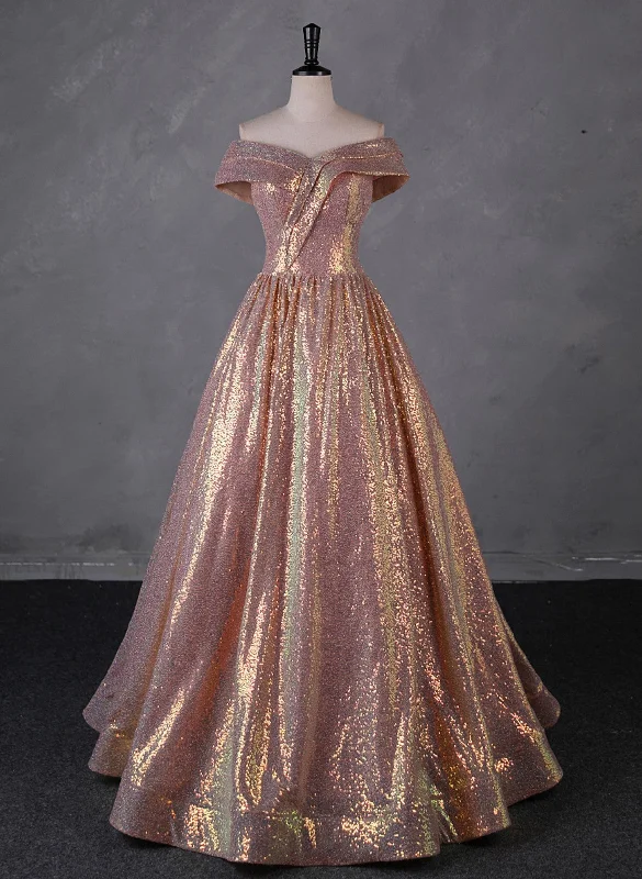 Charming Rose Gold Sequins Long Party Dress, Off Shoulder Sequins Prom Dress Tunics Mesh breathable