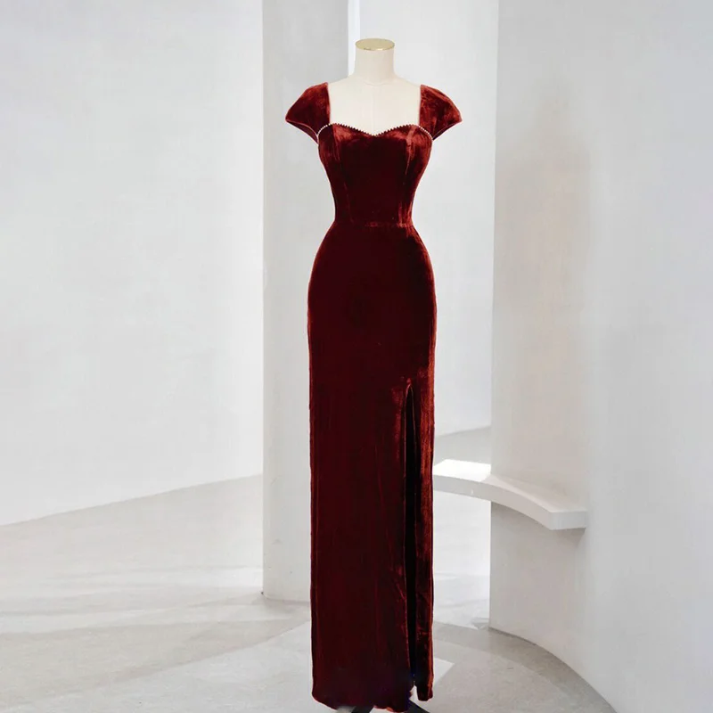Red Cap Sleeves Velvet Long Prom Dress Formal Party Dress with Beads,DP1060 Tunics Timeless classic