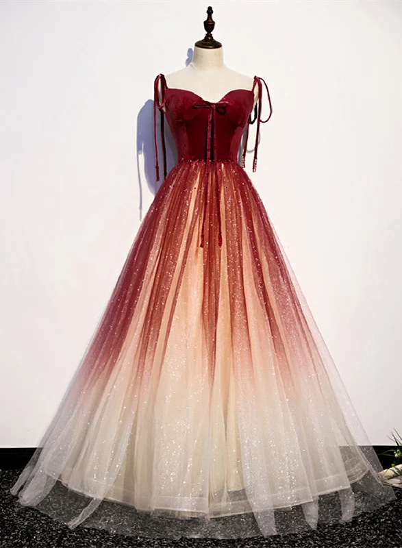 Red Sweetheart Velvet and Tulle Straps Long Party Dress, Gradient Tulle A-line Prom Dress Mermaid Tail Wedding