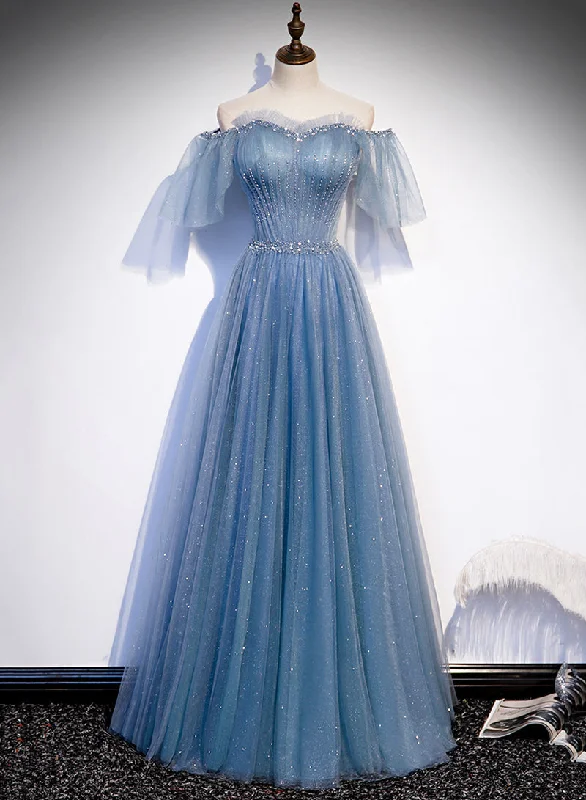 Charming Light Blue Tulle Puffy Sleeves Floor Length Party Dress, Blue A-line Pricess Gowns Prom Dress Boat Neckline Classic