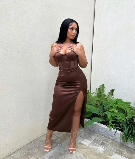 Simple Pure Color Party Dress Brown Prom Dress With Side Split cc322 Off-the-shoulder Bohemian Festive