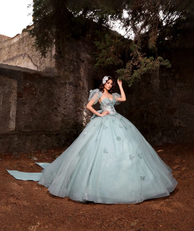 Nina Canacci Q119 Sage Quinceneara Dress Puff Sleeves Butterfly Lace Glitter Tulle Sweetheart Neckline Oversized Bow Tunics Exclusive limited