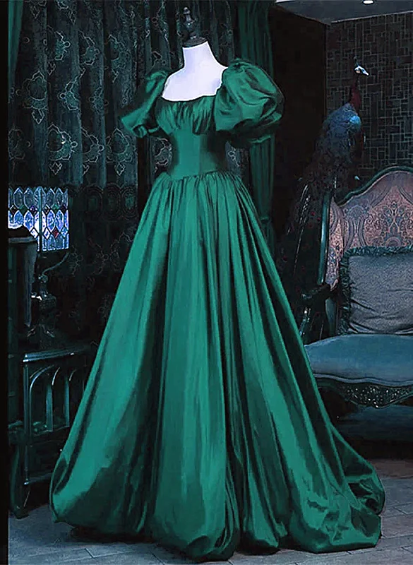 Green Puffy Sleeves Taffeta Long Formal Dress, Scoop Green Prom Dress Party Dress Tunics Top Casual