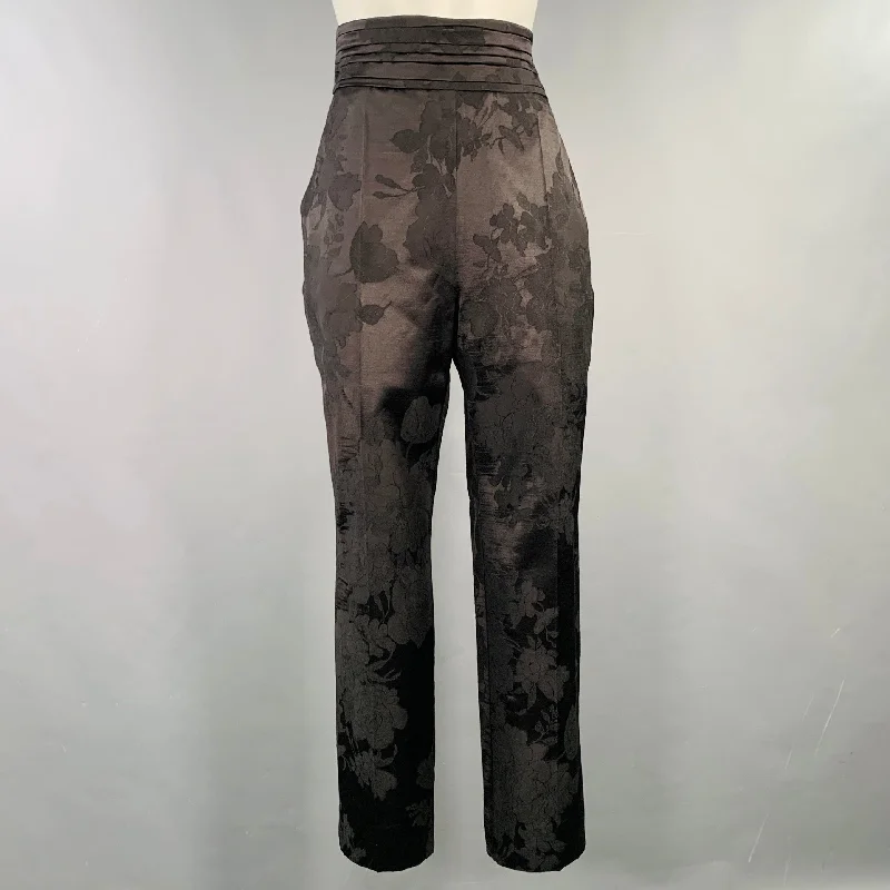 ERDEM Size 8 Helga Black Wool Blend Floral Flat Front Dress Pants Elegant Wool Trousers