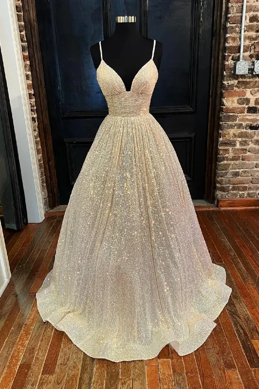 Champagne Sequins Long A-Line Prom Dress, Shiny V-Neck Spaghetti Straps Party Dress Tunics Stylish modern