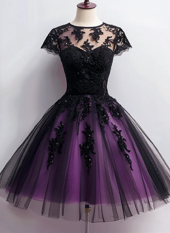 Cute Black And Purple Tulle Short Sleeves Party Dress, Tulle Short Homecoming Dress    cg25018 Tunics Modern contemporary