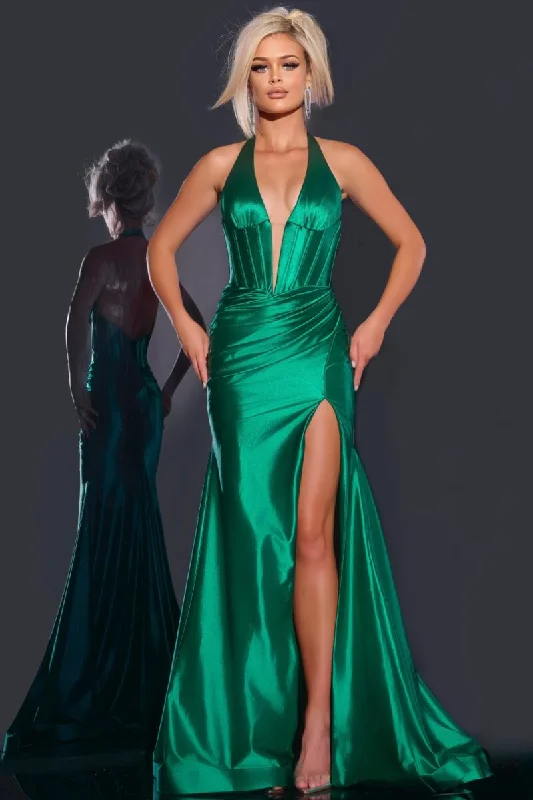 Jovani 41012 Halter Prom Dress Satin Plunging Neckline High Slit Backless Tunics Velvet soft