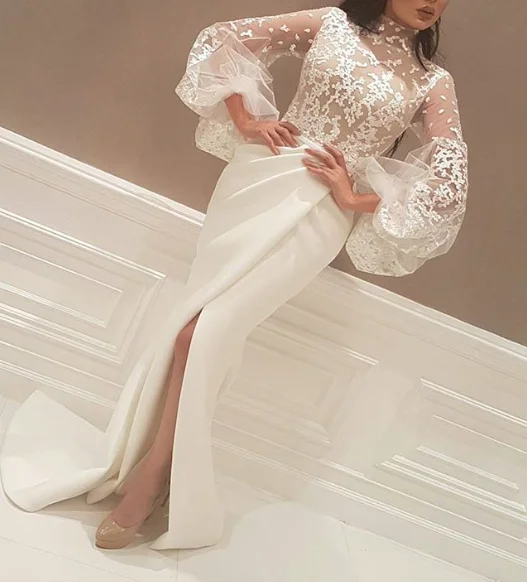 high neck evening dresses 2020 ivory lace appliqué arabic mermaid evening gown formal party dress Tunics Prom sequined