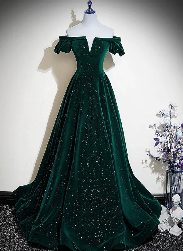 Dark Green Velvet Off Shoulder Long Party Dress, Green A-line Prom Dress Tunics Occasion special