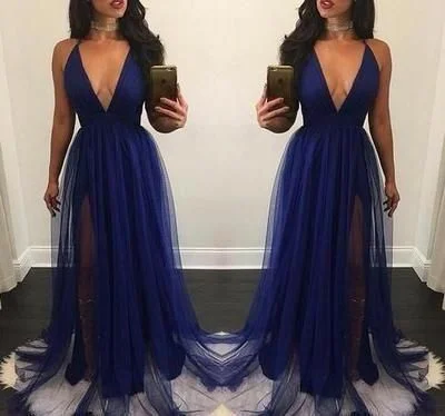 Royal Blue Long Prom Dresses Simple Sexy Deep V-Neck Side Split Formal Party Dress C905 Sequined Elegant Party
