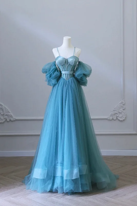 Blue Tulle Long Spaghetti Strap Prom Dress and Corset, Detachable off Shoulder Party Dress Tunics Winter warm