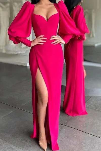 Fuchsia Square Neck High Slit Puffy Sleeves Evening Dress Prom Party Dress,DP565 Crew Neckline Sporty