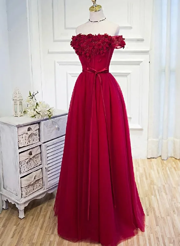 Long Party Dress, Off Shoulder Dark Red Prom Dress Tunics Gym athletic