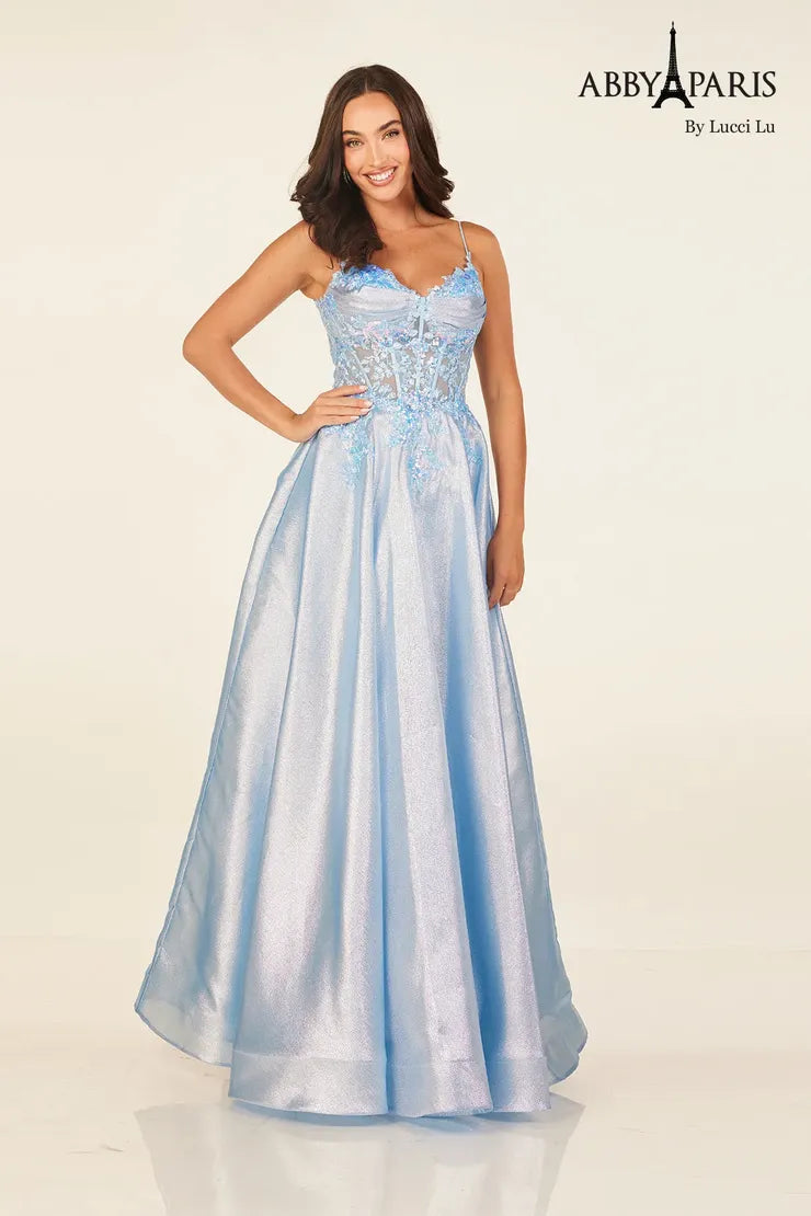 Abby Paris 90290 Sheer Sequin Lace Corset Prom Dress Metallic A Line Formal Gown Tunics Short Trendy