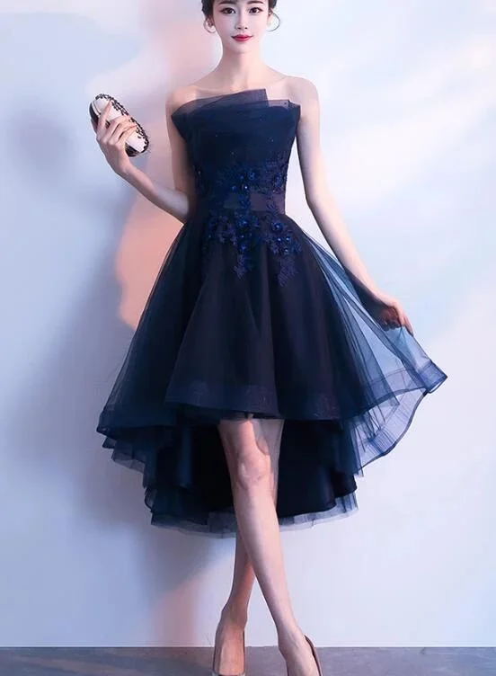 Charming Navy Blue High Low Party Dress, Lace Applique New Style Prom Dress C635 Tunics Running lightweight