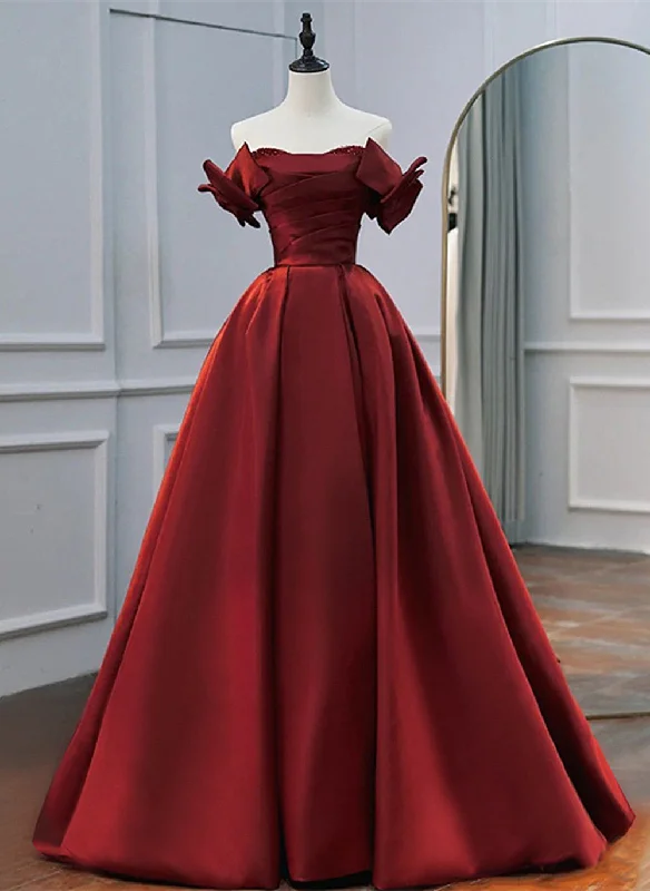 Wine Red Satin A-line Beaded Off Shoulder Party Dress, Wine Red Prom Dress Formal Dress Tunics Velvet soft