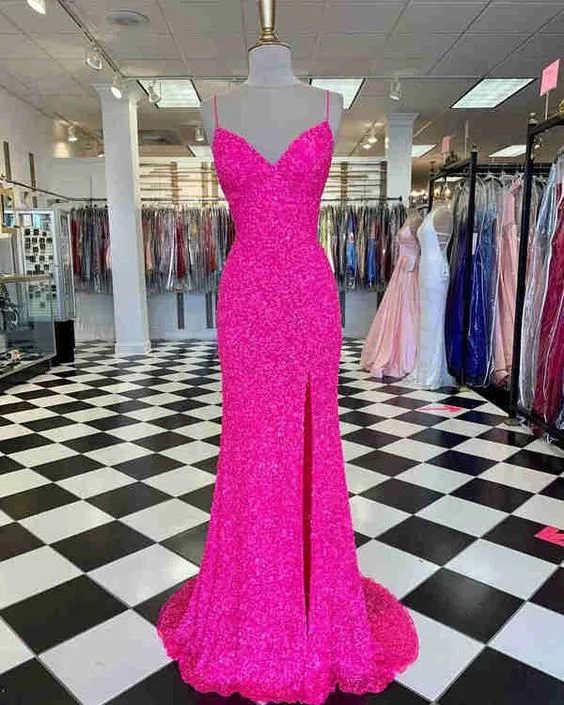 Hot Pink Straps Prom Dress with Slit,Mermaid Prom Dresses,Sexy Party Dresses C1951 Tunics Party sparkling