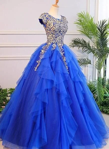 Royal Blue Cap Sleeves Long Ball Gown Party Dress, Blue Prom Dress C466 Glittery Long Formal