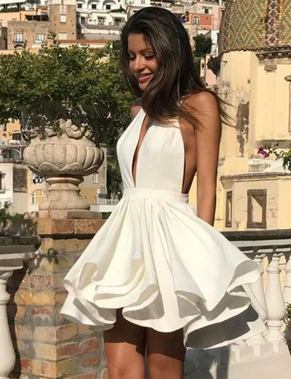 Deep V Neck White Short Homecoming Dresses 2019 Party Dresses cg504 Peplum Ruffle Cocktail