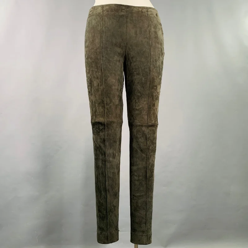 AKRIS Size 12 Green Lamb Suede Side Zipper Dress Pants Chic Faux Leather Pants