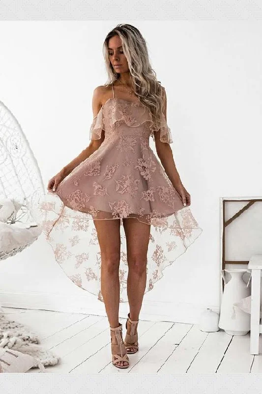 Fancy Lace Party Dress A-Line Spaghetti Straps High Low Blush Lace Homecoming Dress With Ruffles cg85 Pencil Length Work