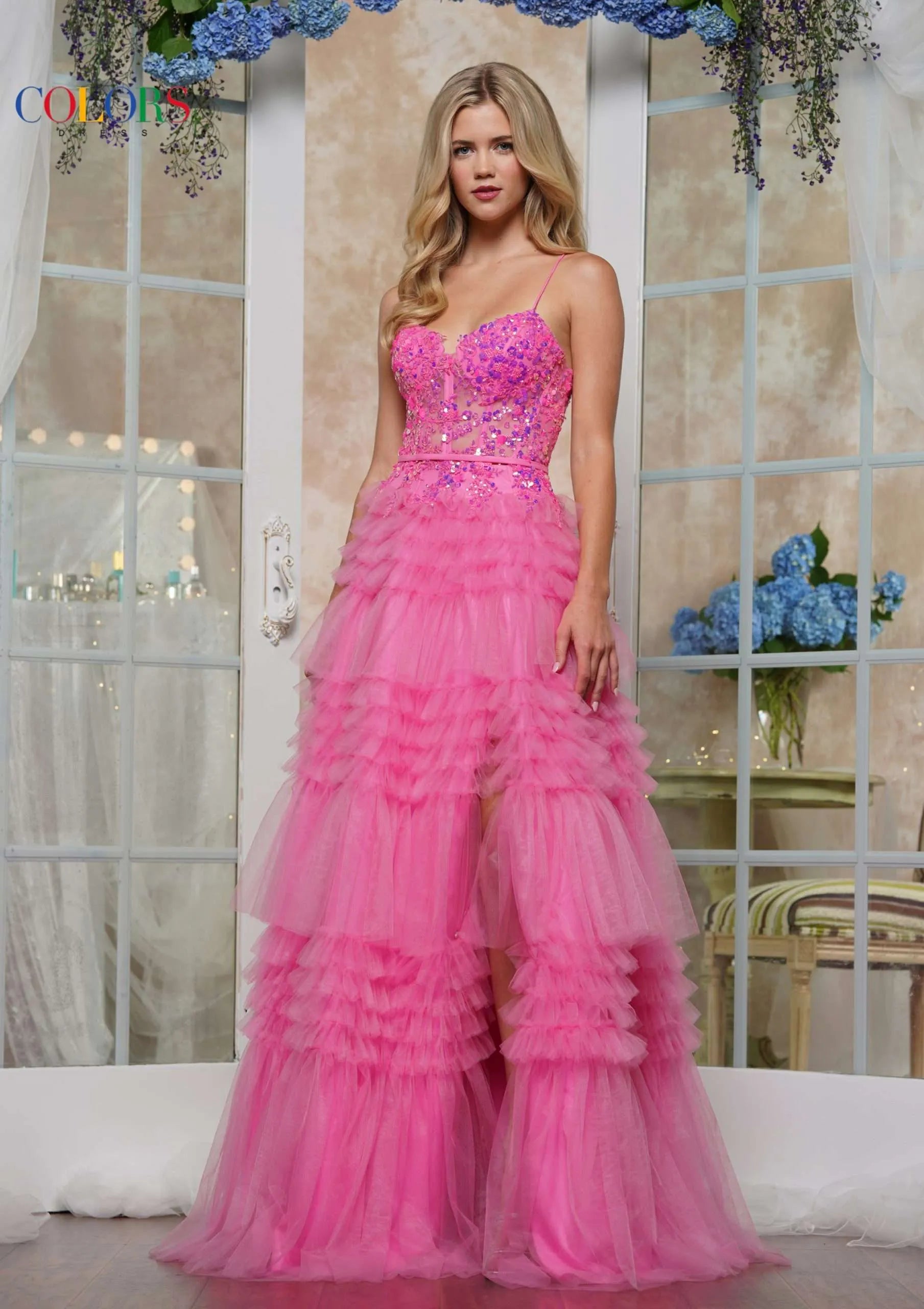 Colors Dress 3619 Sheer Sequin Corset A Line Layer Ruffle Ballgown Prom Dress Formal Slit Gown Tunics Lace romantic