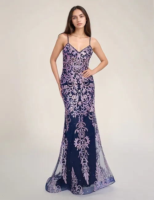 Nina Canacci 1575 Navy Lilac Fit and Flair Prom Dress V Neckline Spaghetti Straps Tunics Bridal satin