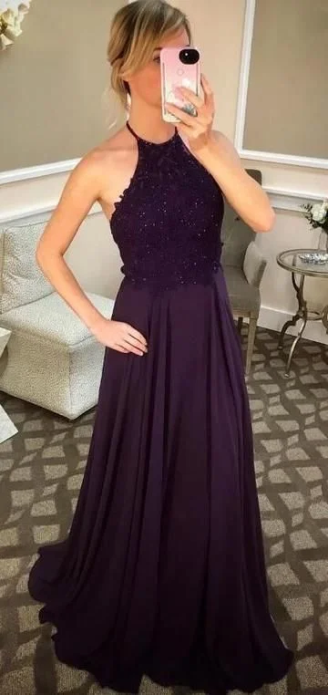 purple halter lace chiffon prom dress ,party dress C377 Lace Sexy Club