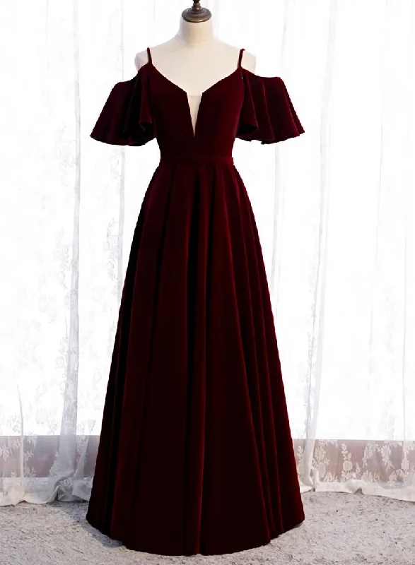 Wine Red Velvet Off Shoulder Floor Length Party Dress, Velvet Junior Prom Dress Tunics Floral girly