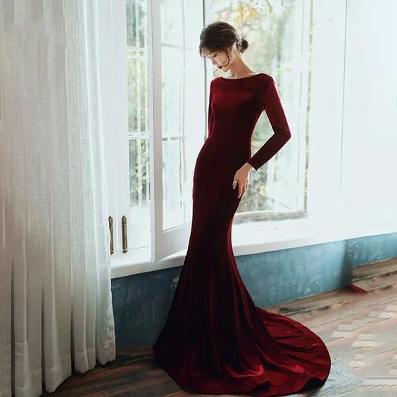 Burgundy Velvet Long Sleeves Mermaid Party Dress, Long Prom Dress C1544 Tunics Business professional