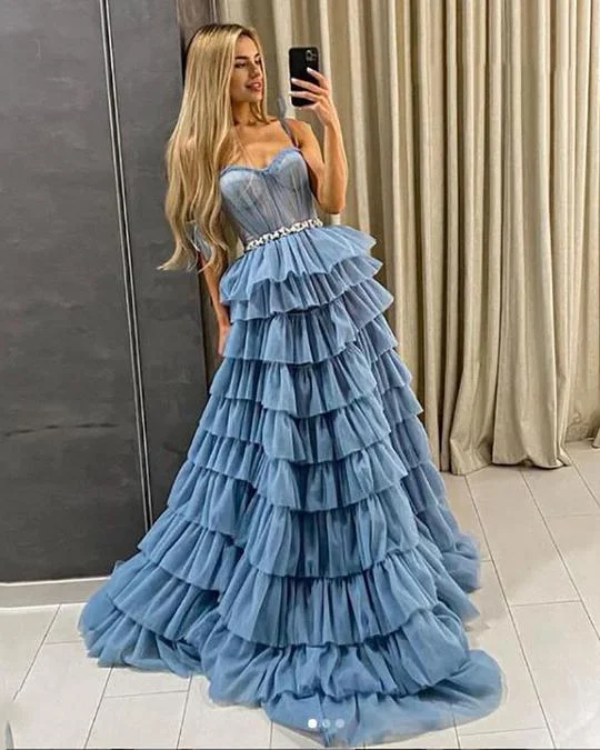 BLUE TULLE SWEETHEART PRINCESS PROM DRESS PUFFY TIERED LONG EVENING DRESS PROM PARTY DRESSES.DS3049 Tunics Ceremony elegant