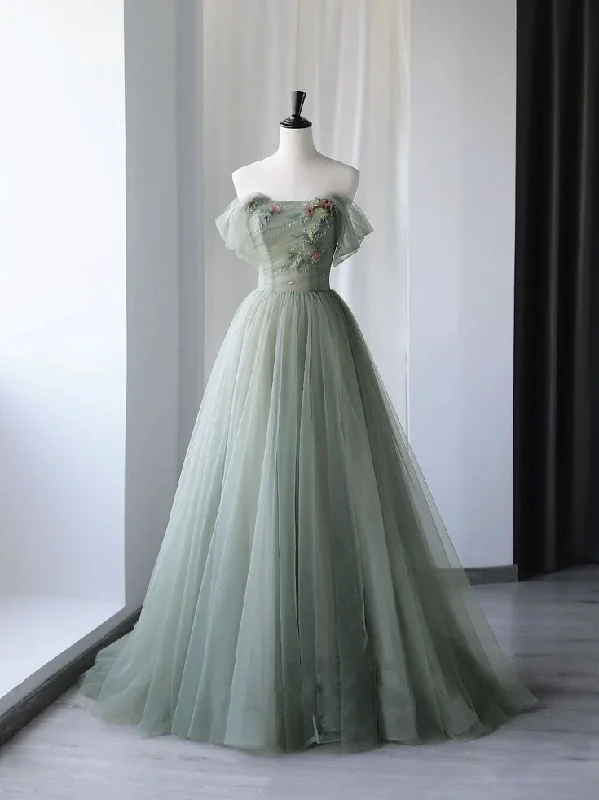 Gray Green Tulle Off Shoulder Long Prom Dress Formal Party Dress,DP499 Tunics Floral girly