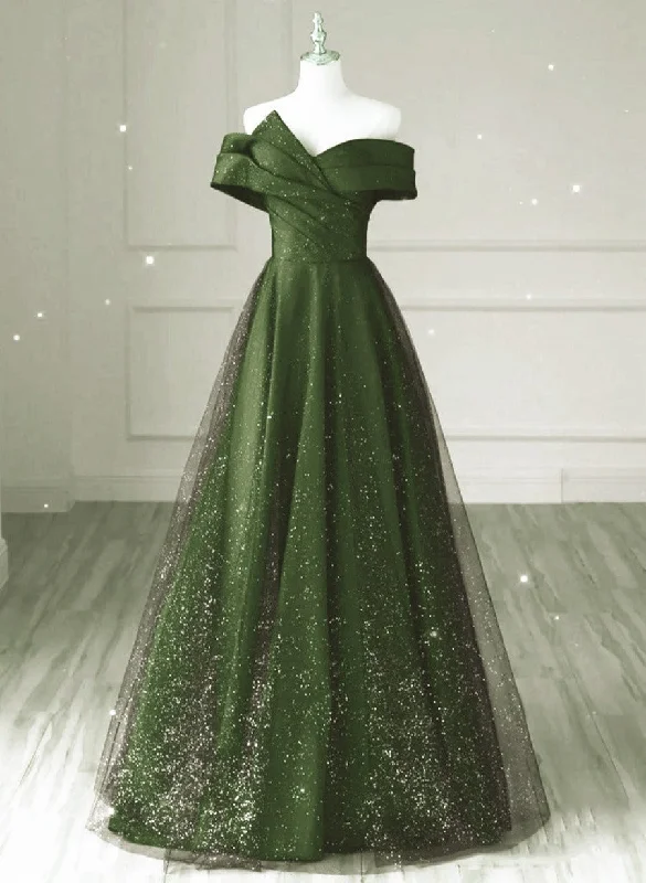 Dark Green and Black A-line Satin Long Party Dress, Simple Long Prom Dress Tunics Distressed trendy