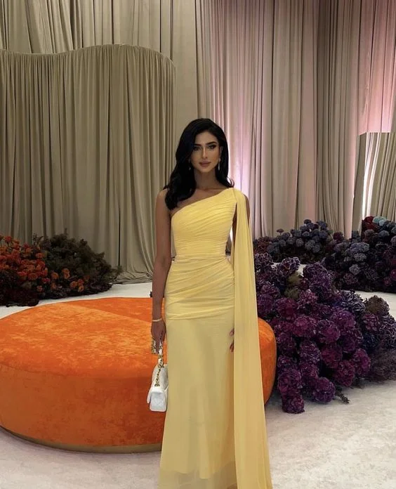 Yellow One Shoulder Tulle Long Prom Dress Formal Party Dress,DP852 Tunics Bridal satin