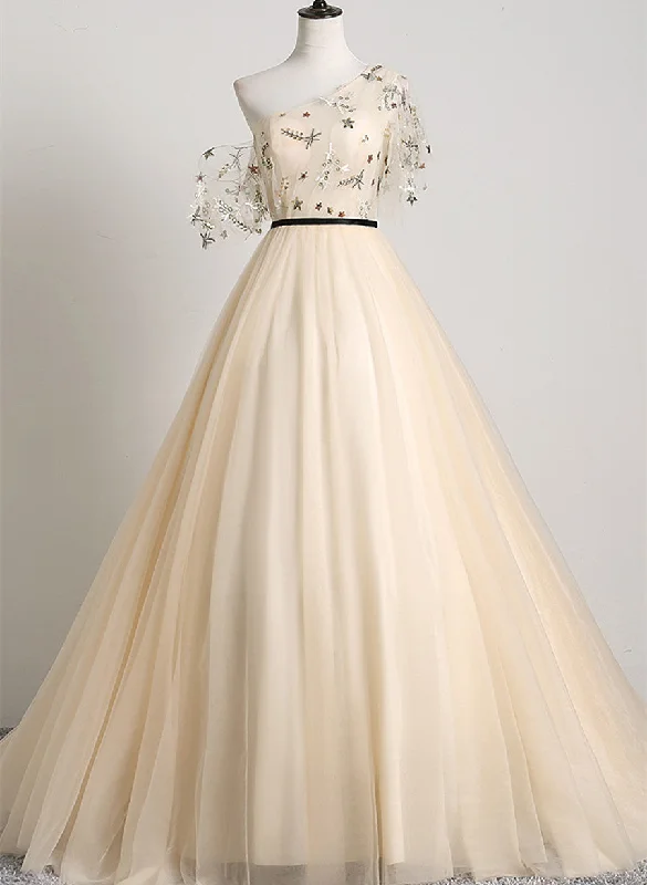 A-line Champagne One Shoulder Prom Dress, Long Party Dress Tunics Stylish elegant