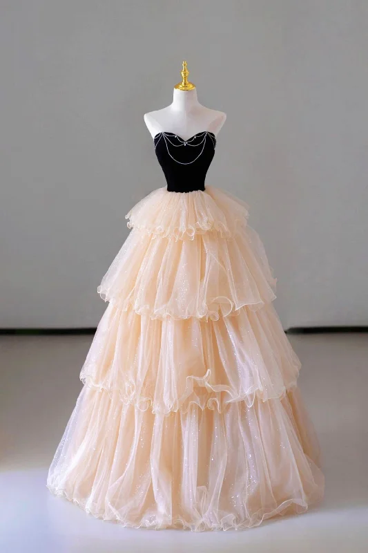 Champagne Sweetheart Tulle Layers Long Party Dress, Strapless A-Line Prom Dress Tunics Bestseller popular