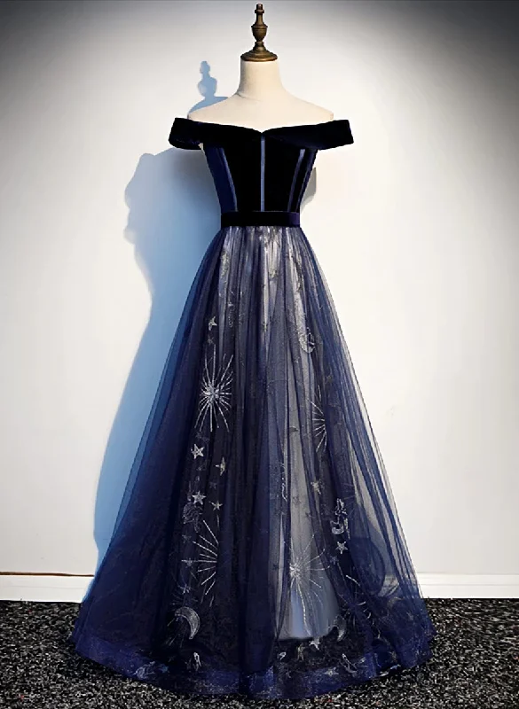Navy Blue Floral Off Shoulder Velvet and Tulle Prom Dress, Blue Party Dress Formal Dress Tunics Long Elegant