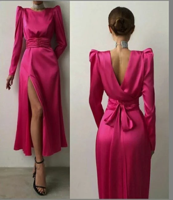 Fuchsia Long Sleeves Midi Length Party Dress,DP1138 Tunics Lace romantic