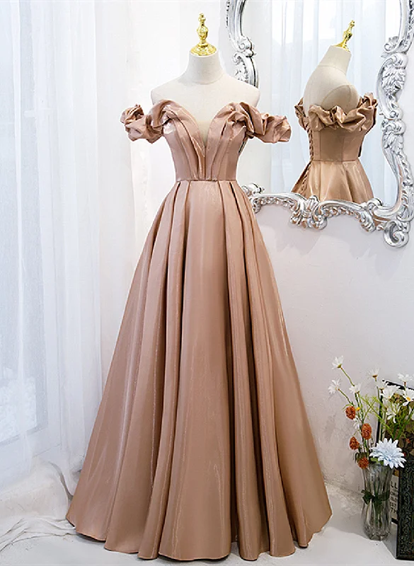 Champagne Satin Long Party Dress Prom Dress, A-line Simple Formal Dress Lace Sexy Club