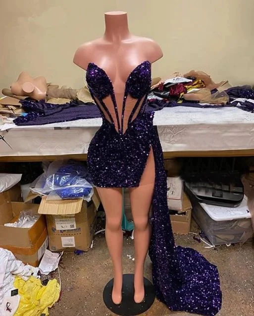 Hot Sale Sparkly Purple Sequin Party Dress Sleeveless Real Picture African Black Girl Short Prom Dresses c3144 Tunics Hiking breathable
