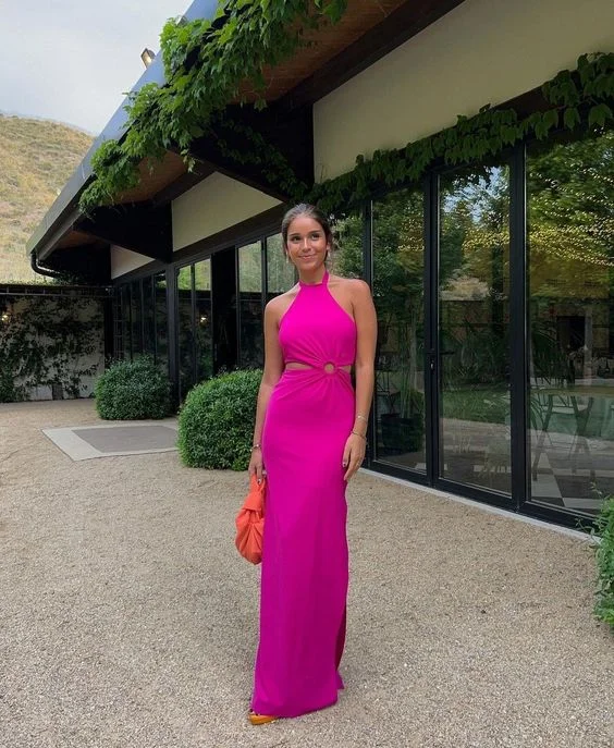Fuchsia Halter Sleeveless Long Prom Dresses Sheath Evening Party Dresses with Slit,DP540 Turtleneck Neckline Stylish