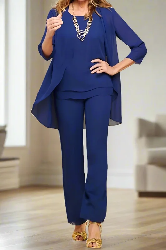 3 Pieces 3/4 Sleeves Chiffon Mother of The Bride Pantsuits Chic Faux Leather Pants