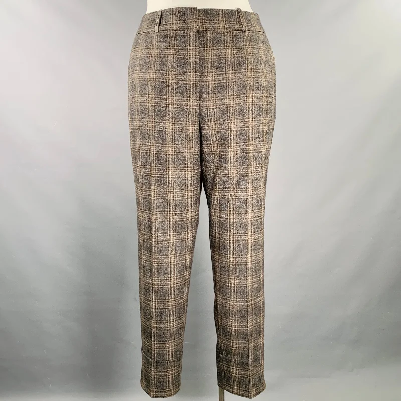PESERICO Size 12 Grey Brown Wool Blend Plaid Flat Front Dress Pants Soft Cotton Pants