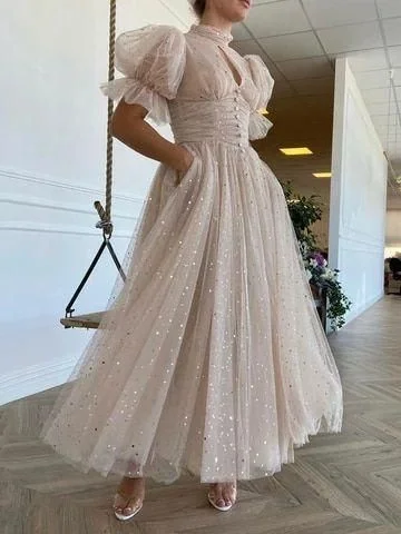 Prom Dresses Sparkly Half Puff Sleeves Wedding Party Dresses C1713 Satin Halter Glamorous