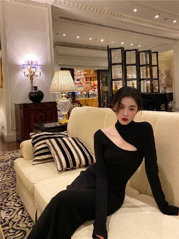 Black Sexy Off Shoulder Dress Women Vintage Elegant Highneck All Match Long Sleeve Bodycon Dresses Femme Party Dress Black Prom Dress c2477 Tunics Seasonal trendy