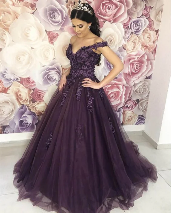 Glamorous Floral Prom Dress Ball Gowns Off-the-shoulder with 3D Flowers Formal Dresses for Women Lace Up Back Engagement Party Dresses cc03 Turtleneck Neckline Stylish