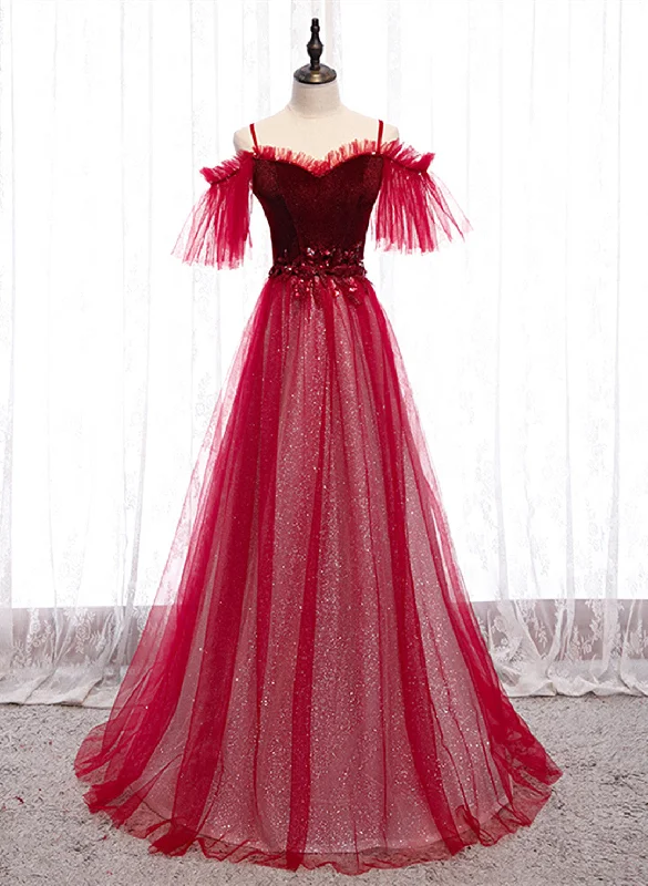 Off Shoulder Wine Red Velvet and Tulle Party Dress, A-line Tulle Floor Length Prom Dress Shift Classic Vintage